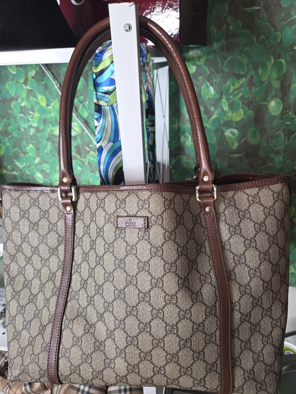Gucci Beige GG Canvas Tote with Brown Leather Trim